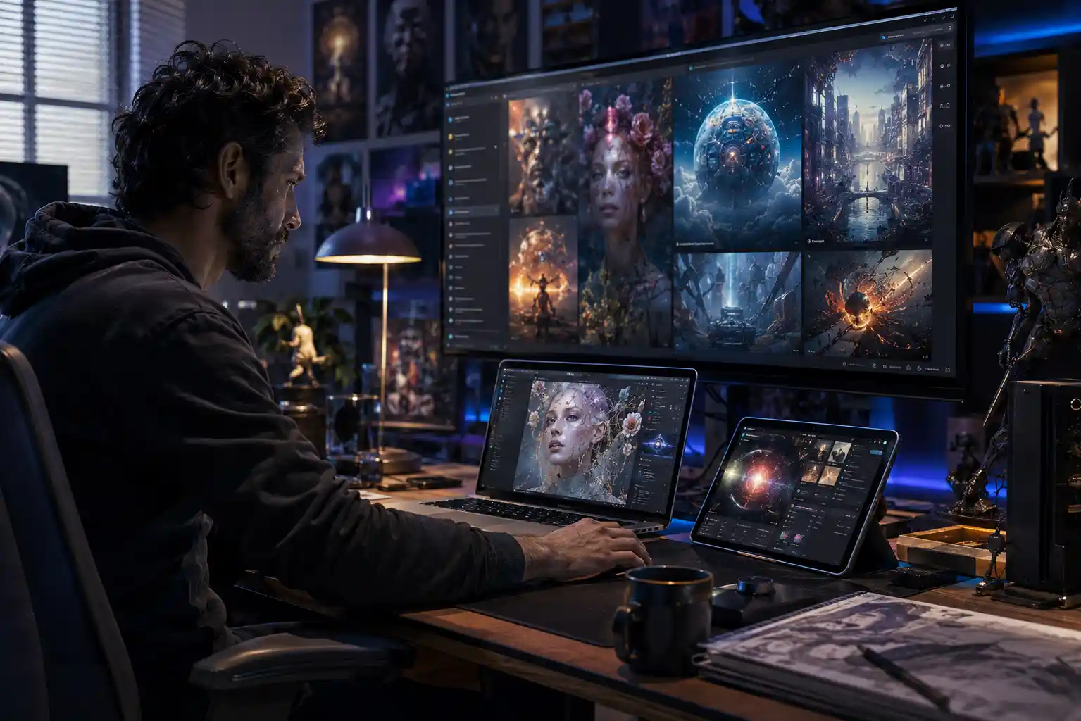Designer using AI image generation tools on a modern creative workspace