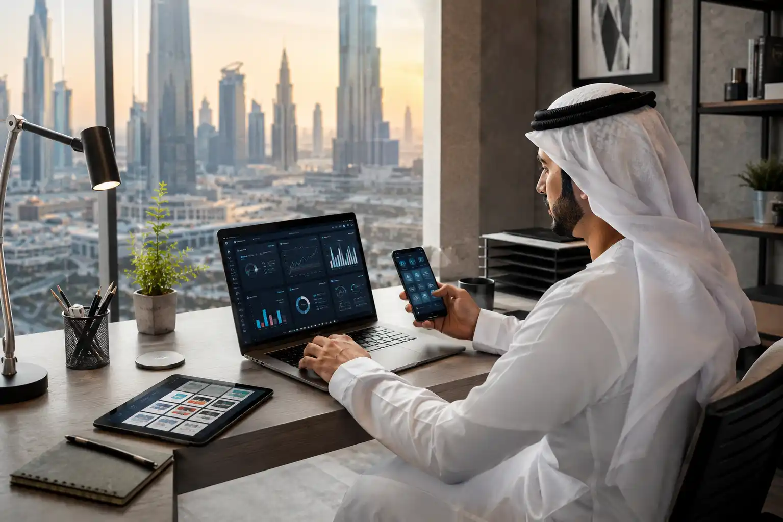 Entrepreneur using productivity and workflow apps in a modern office