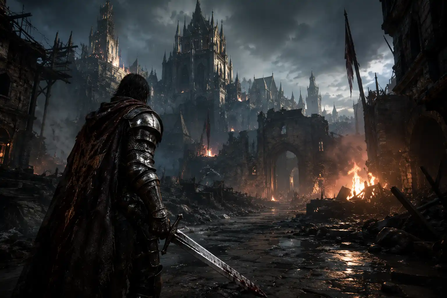 Dark fantasy warrior in a gothic action RPG environment inspired by Dark Souls 3