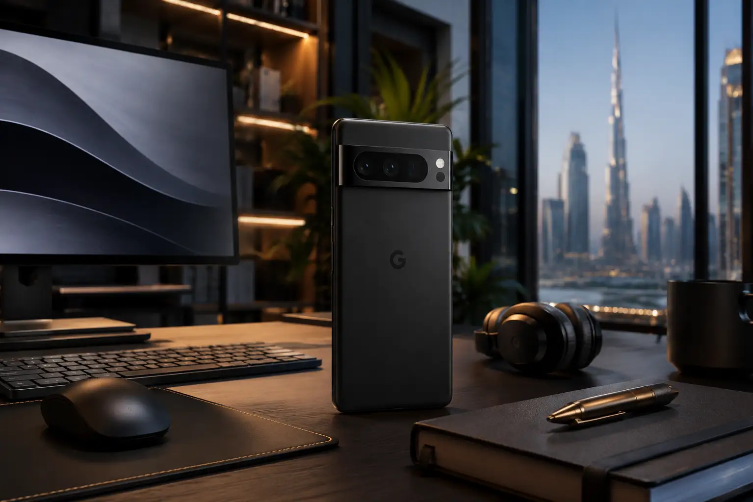 Google Pixel 8 Pro smartphone displayed in a premium modern workspace