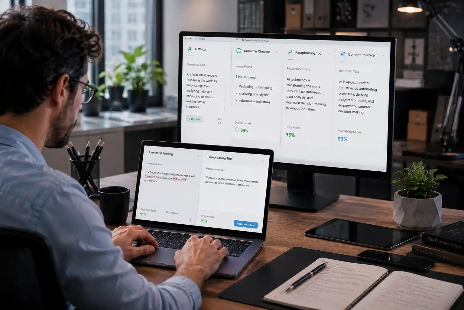 AI writing assistant tools displayed on a modern laptop workspace