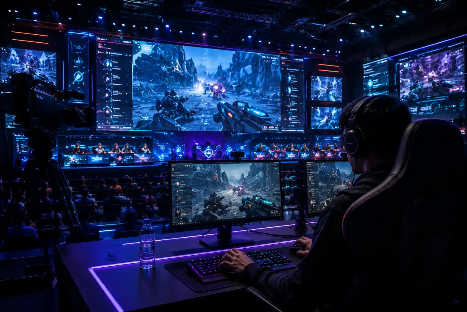 Futuristic esports and online gaming event environment with livestreaming setup