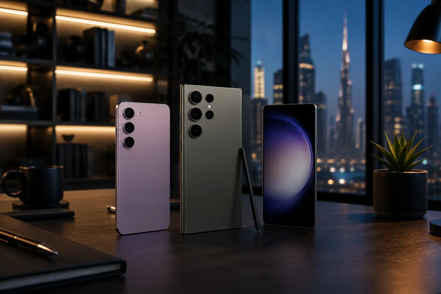 Samsung Galaxy S23 smartphones displayed in a premium modern tech setup