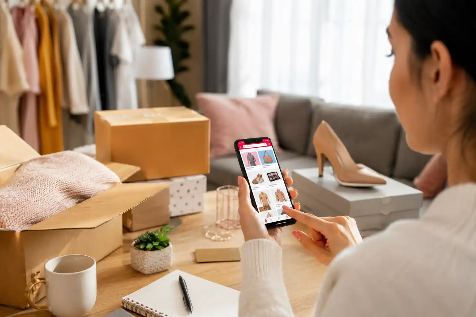 Smartphone showing online shopping marketplace app with delivered packages