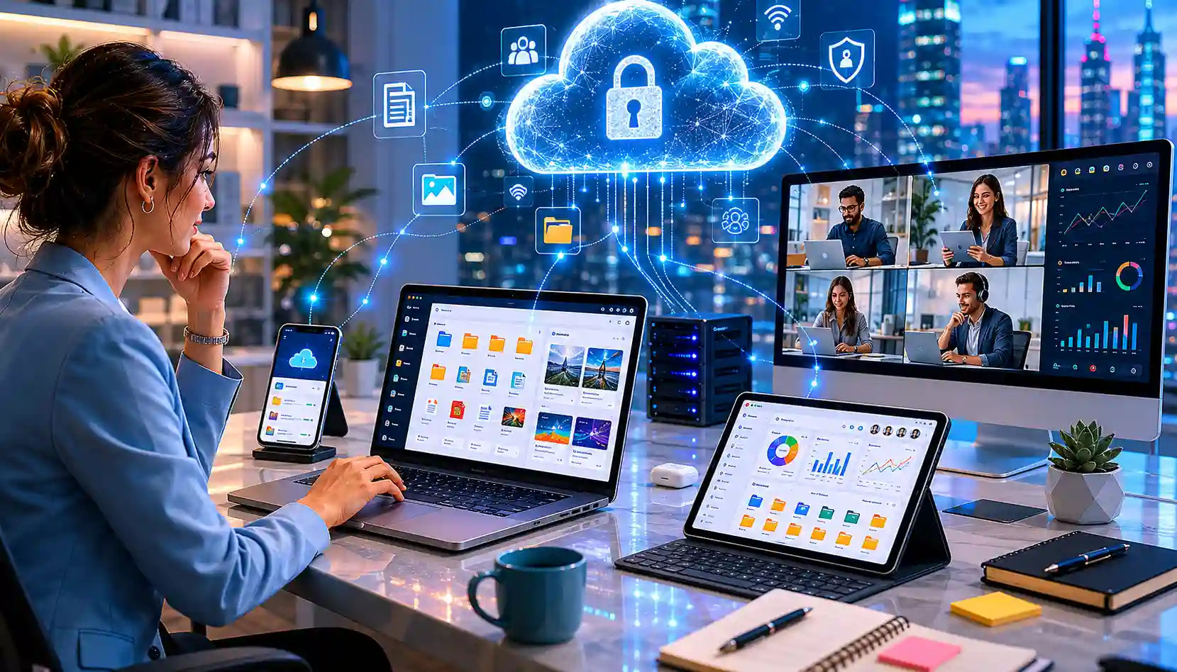 Multiple digital devices connected to cloud storage platforms