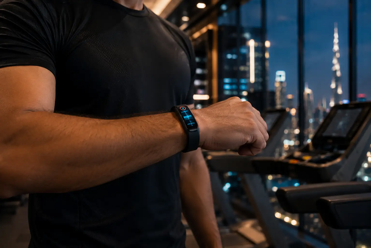 Athlete wearing a Whoop Band fitness tracker in a modern gym