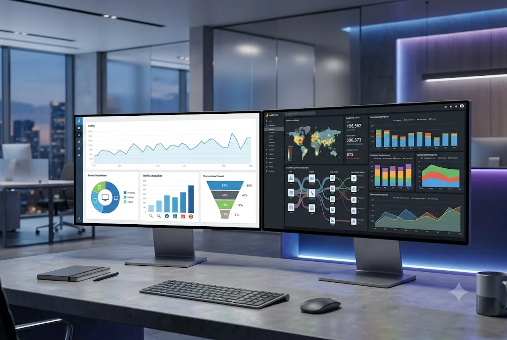 Comparison of Adobe Analytics and Google Analytics reporting dashboards