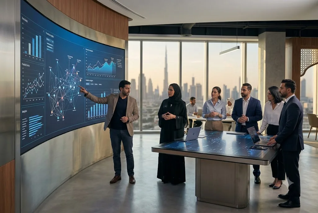 Business professionals using AI-powered analytics dashboards and predictive insights