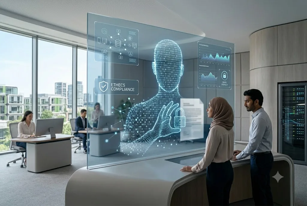 Conceptual visualization of AI-generated media, digital identity protection, and deepfake technology