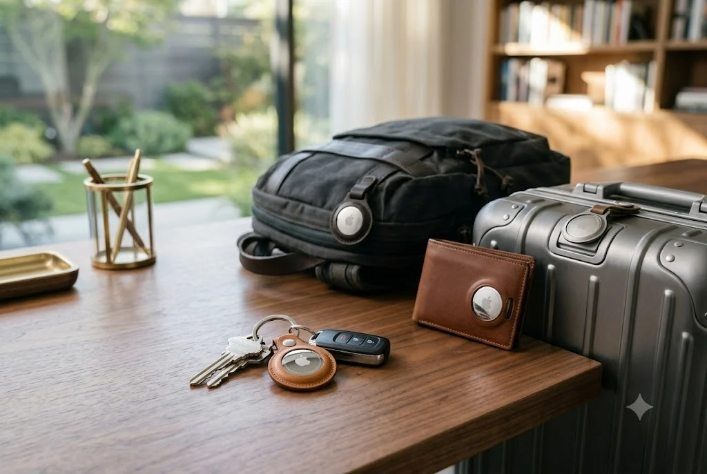 Apple AirTag attached to keys and personal belongings for item tracking