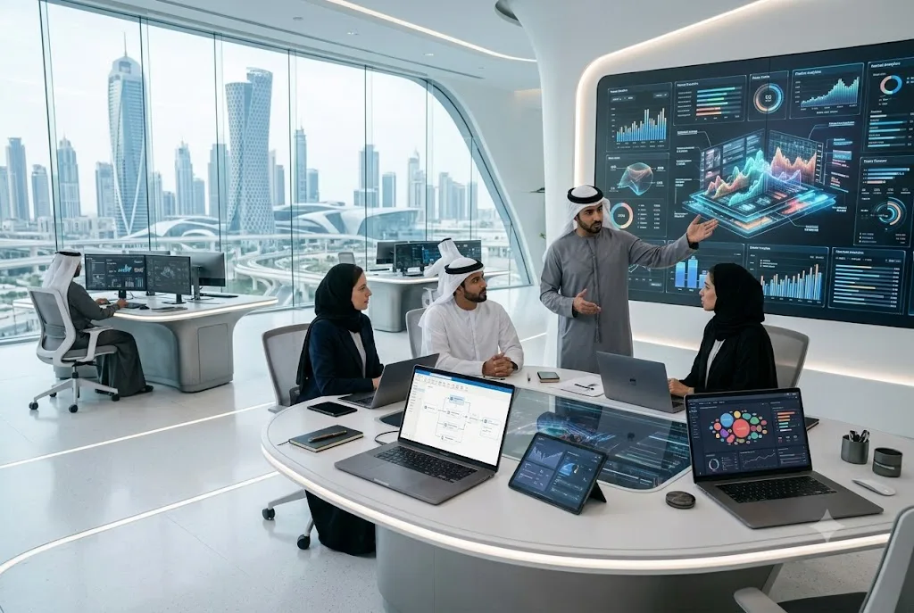 Professionals using AI tools for business automation, marketing, customer service, and productivity