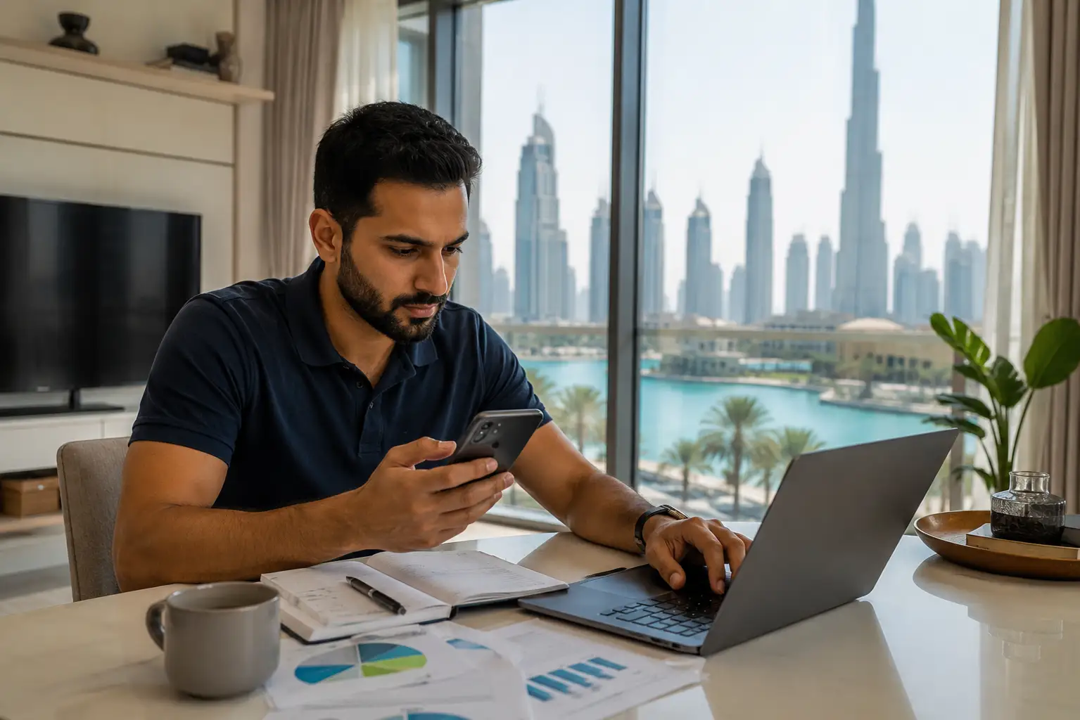 Professional using budgeting app in UAE for managing personal finances