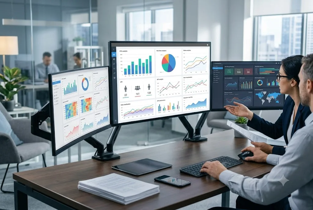 Business intelligence dashboard displaying KPIs and analytics reports