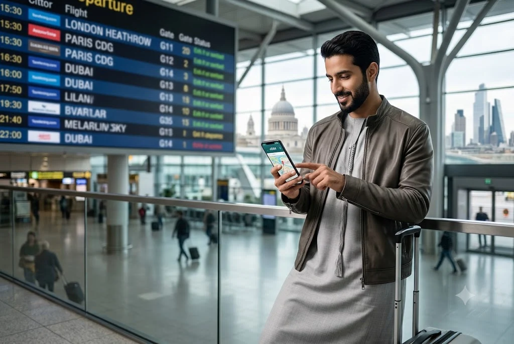 Traveler using eSIM data connection while traveling across Europe