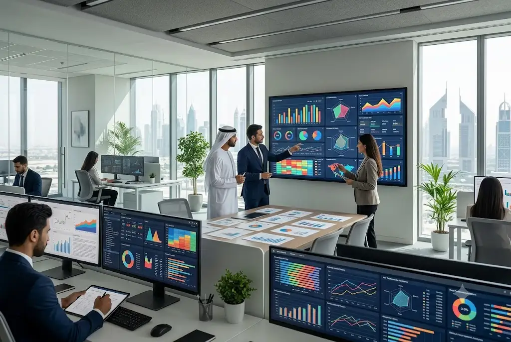 Business team analyzing data visualization dashboards and reports