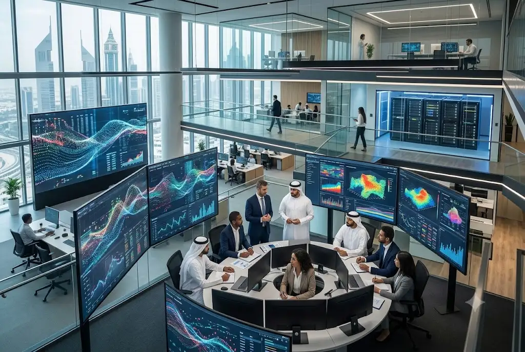 Business professionals analyzing big data dashboards and analytics systems