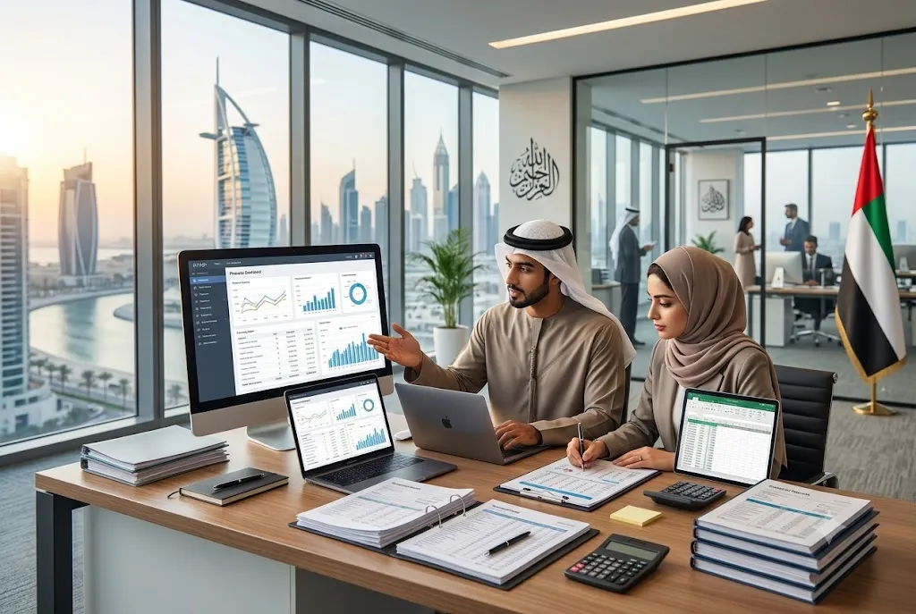 Finance professionals managing bookkeeping and accounting records in a UAE business office