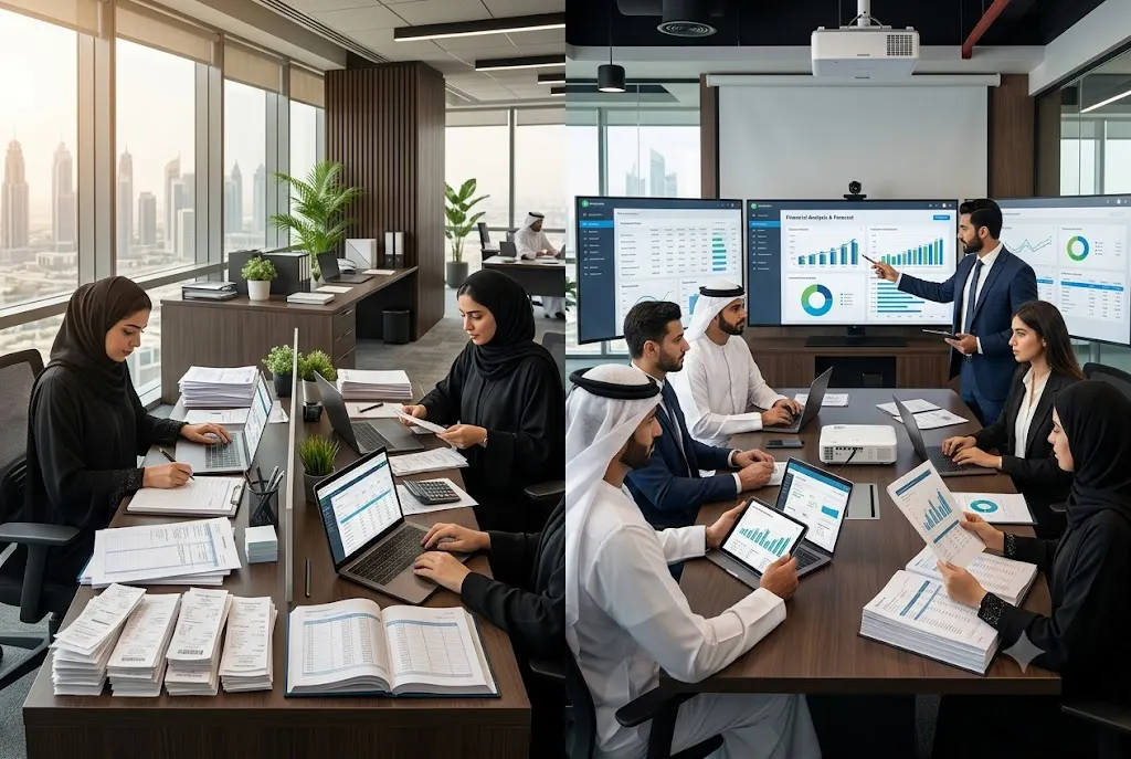 Finance professionals reviewing bookkeeping records and accounting reports in a UAE office