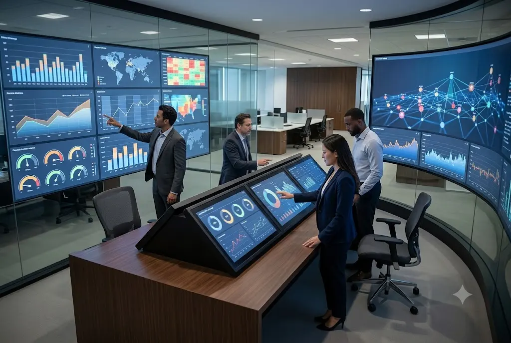 Business intelligence dashboard showing analytics reports and KPI metrics
