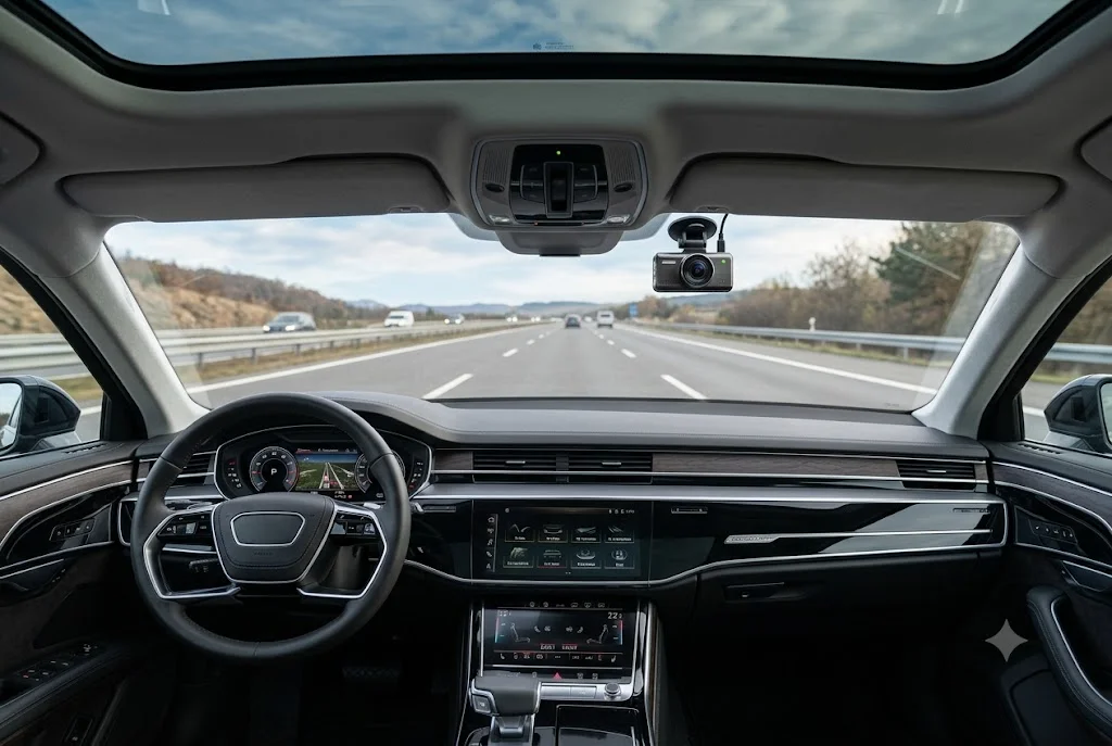 Modern dash cam installed on a vehicle windshield