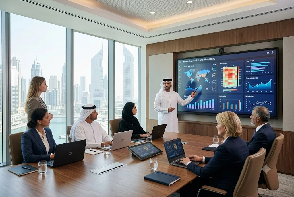 Data analytics consultants presenting business intelligence insights to executives
