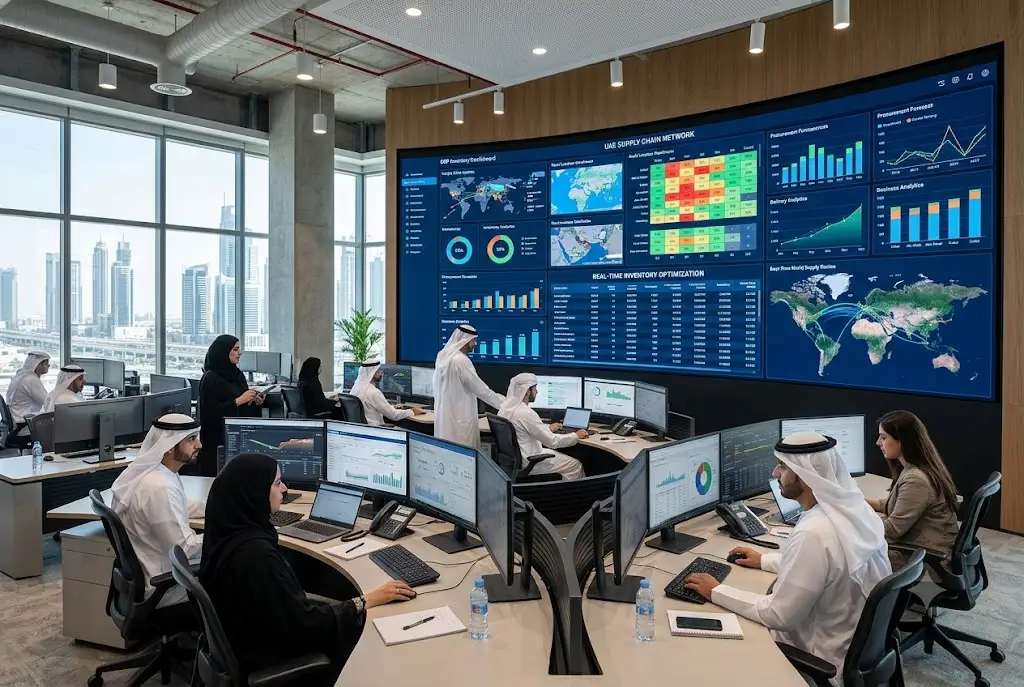 Business professionals using ERP inventory system to manage stock and operations