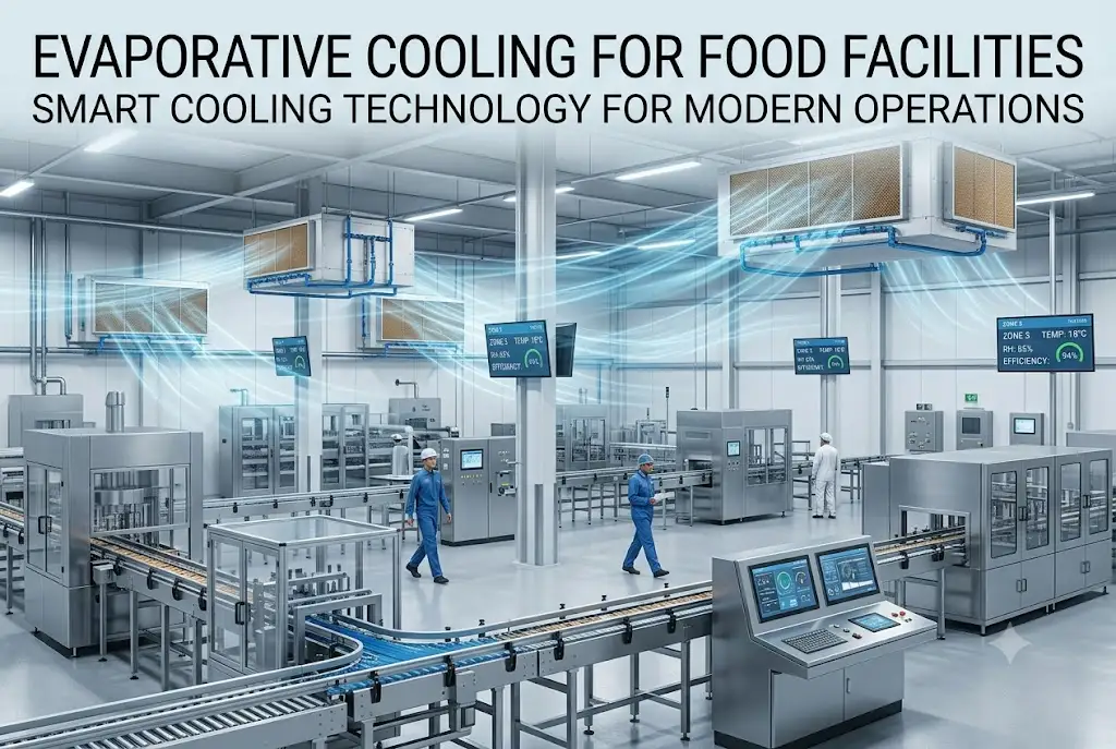 Advanced evaporative cooling system operating inside a modern food processing facility