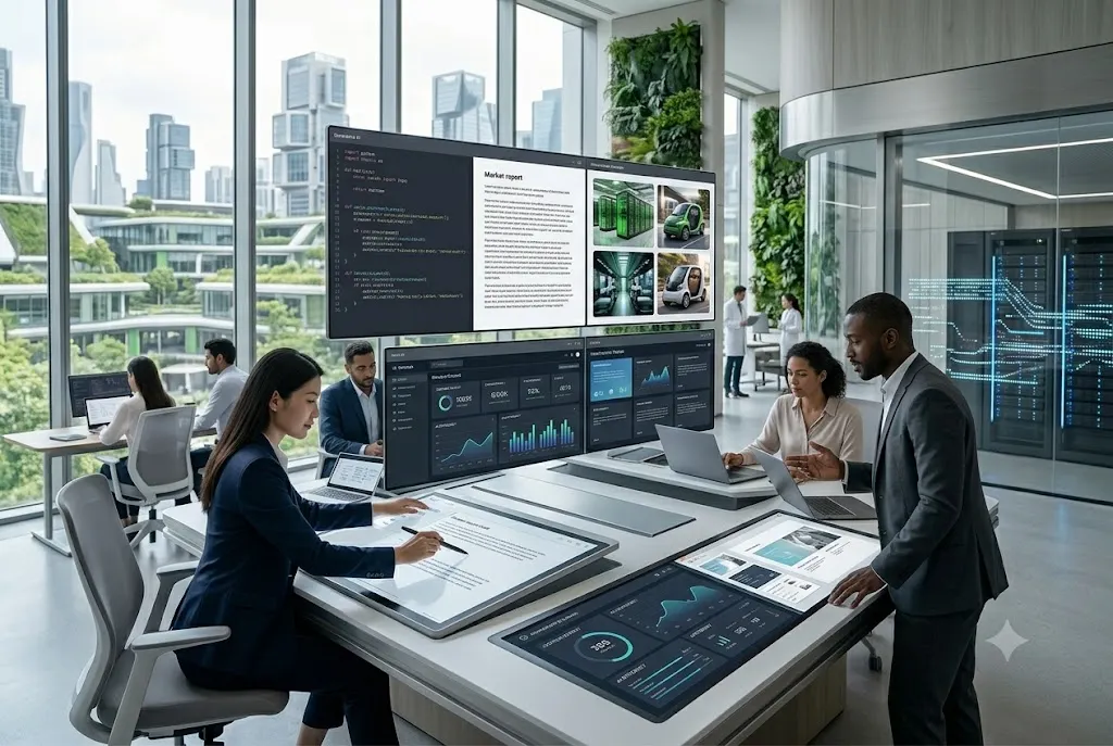 Business professionals using generative AI for content creation and automation