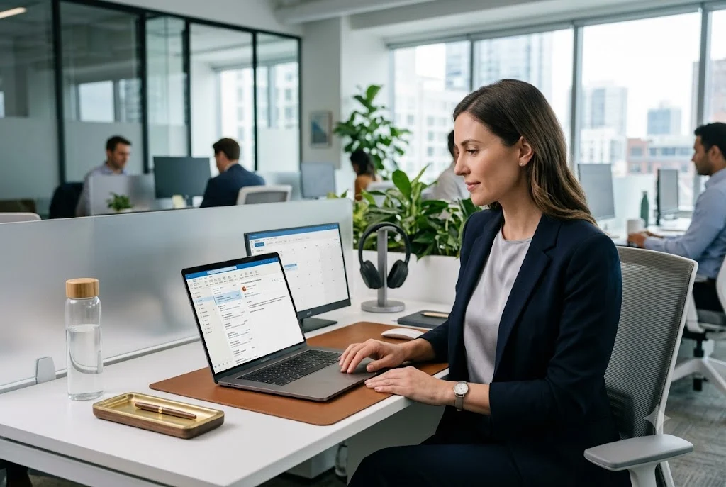 Professional using Outlook email recall feature on a computer in an office environment