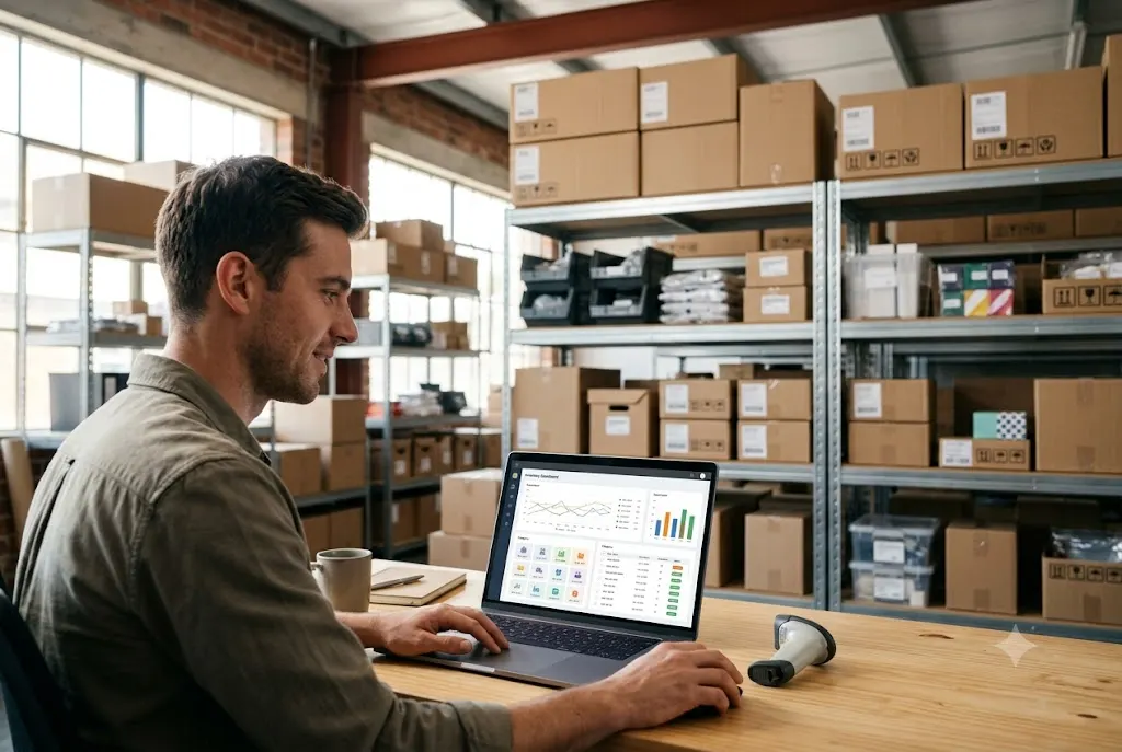 Business owner using free inventory management software to track stock levels
