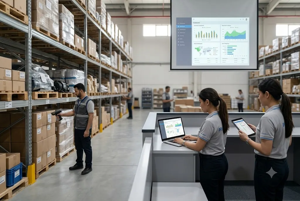Warehouse staff using inventory management software to track stock in a UAE business