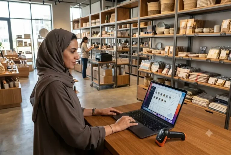 Small business owner managing stock using inventory management software