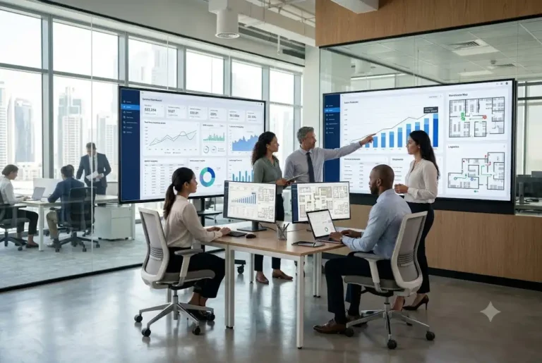 Business professionals using a centralized ERP platform to manage operations and inventory