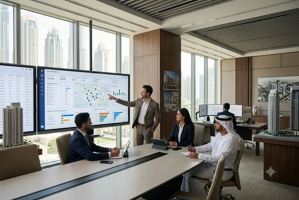 Real estate professionals using property management software to manage buildings and tenants
