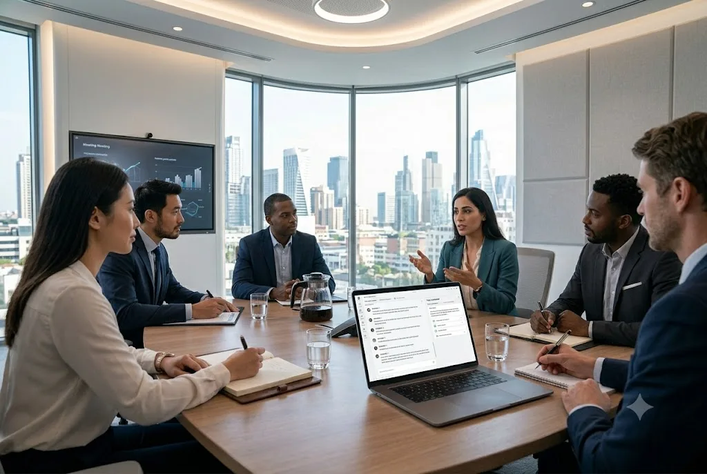 Business professionals using Otter AI for meeting transcription and note-taking
