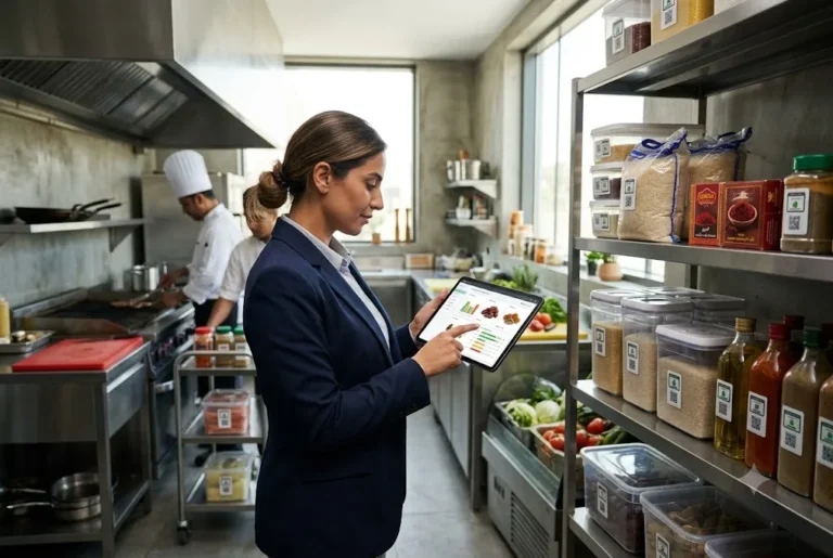 Restaurant manager using inventory software to manage food stock and ingredients