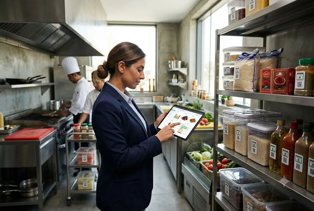Restaurant manager using inventory software to manage food stock and ingredients