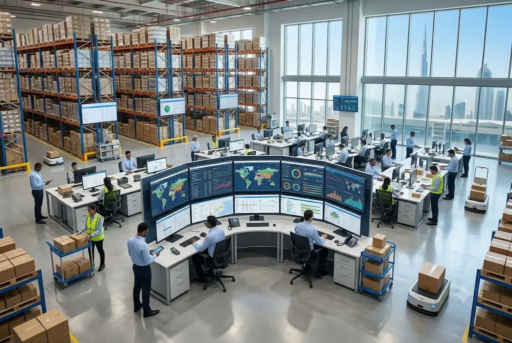 Logistics team using shipping management software to coordinate deliveries and inventory