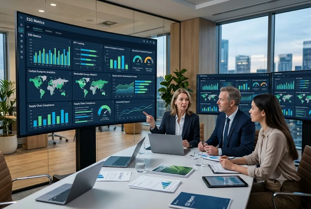 Business professionals reviewing sustainability reporting and ESG performance data