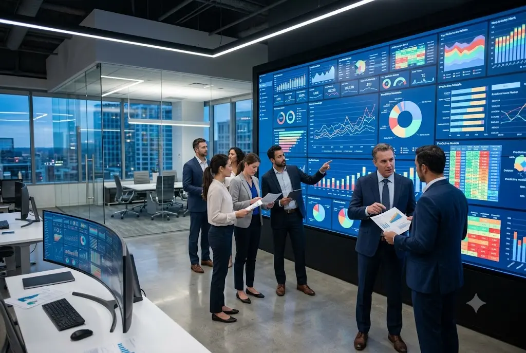 Business team analyzing data analytics dashboards and performance metrics