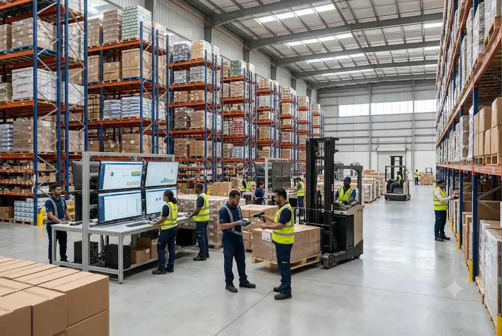 Warehouse staff using inventory management software to manage stock and logistics operations