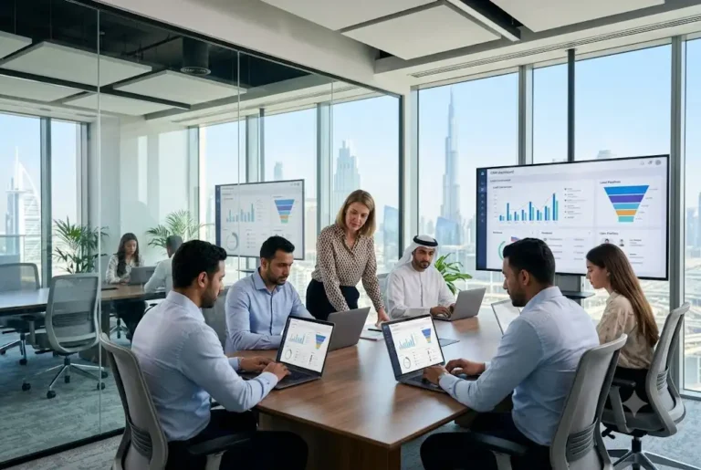 Sales professionals using Zoho CRM to manage leads and customer relationships