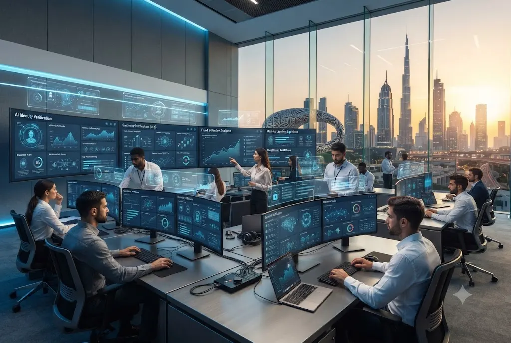 AI engineers and compliance specialists monitoring digital business verification, fraud detection, and compliance automation dashboards inside a modern Dubai technology office.
