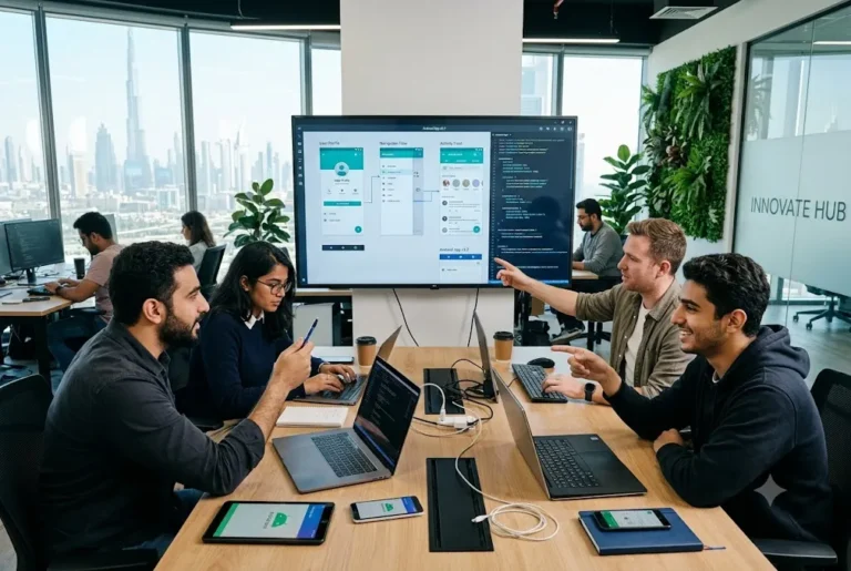 android app development company in uae team building mobile applications in a modern office