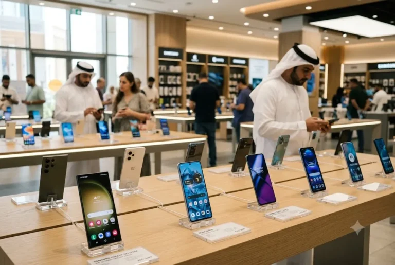 android phone price in uae comparison showing multiple Android smartphones in a UAE electronics store