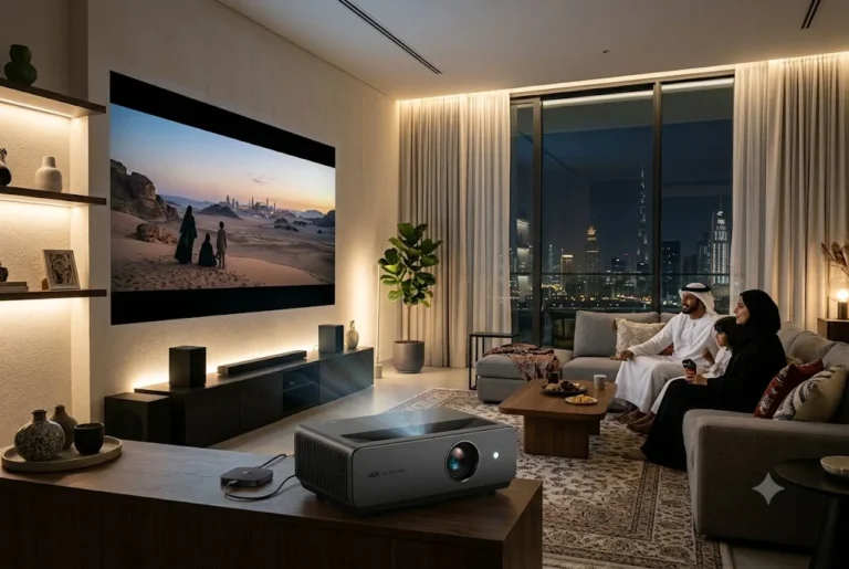 android projector displaying a large screen entertainment experience in a modern home