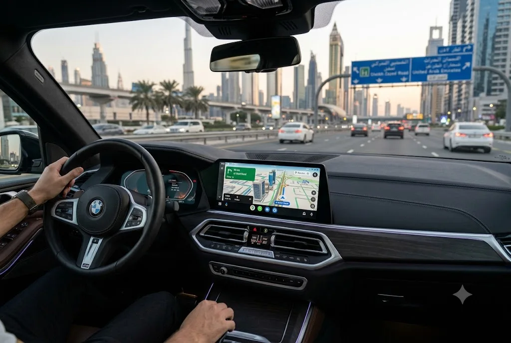 android screen for car installed in a modern vehicle dashboard with navigation features