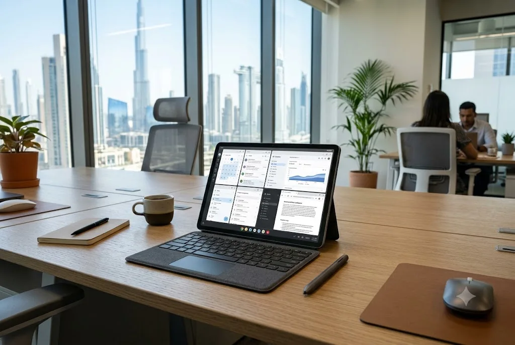 android tablet displayed on a modern workspace with productivity accessories