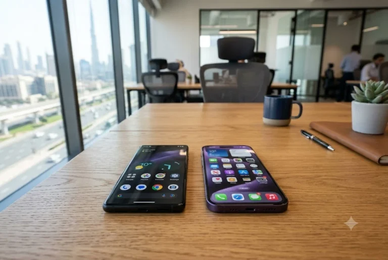 android vs ios comparison showing Android smartphone and Apple iPhone side by side