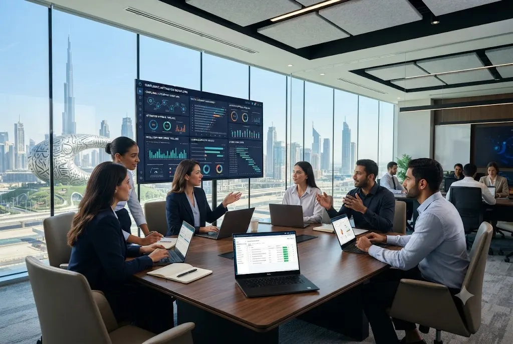 Business professionals monitoring compliance automation dashboards and digital workflow management systems inside a modern Dubai corporate office.